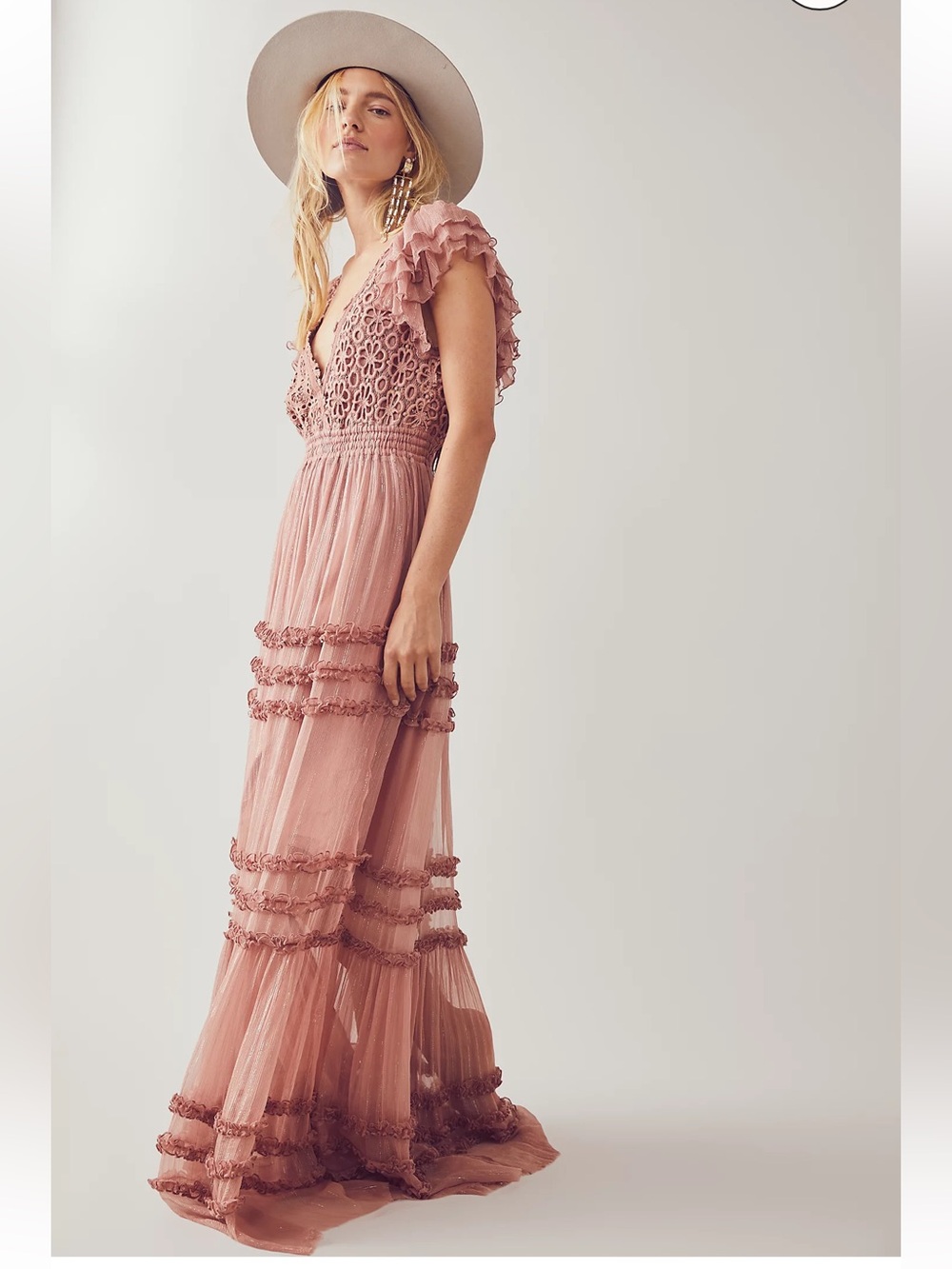 Free People One | Rose Blush Ruffle Maxi Bohemian Dress with Flutter Sleeve S/M